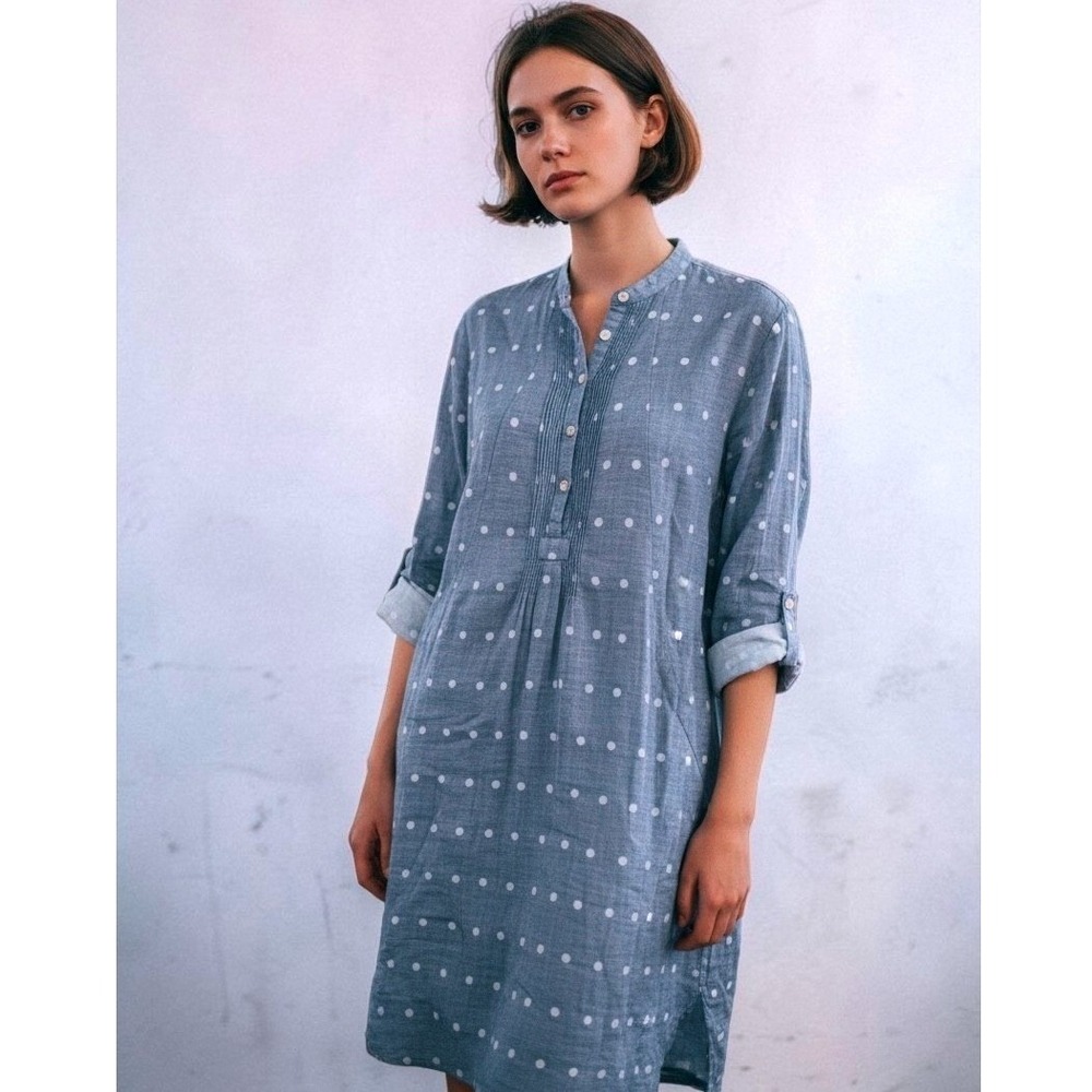 Isabella Sinclair Polka Dot Shirtdress Large Blue Linen Blend Roll Tab Excellent